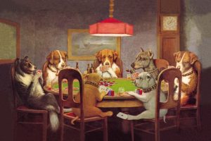 history behind those dogs playing poker, dogs playing poker, poker dogs by cassius coolidge