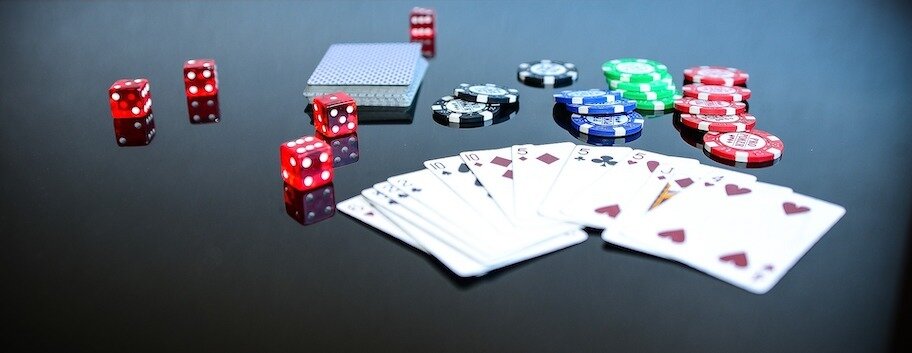 poker cards, chips and dice